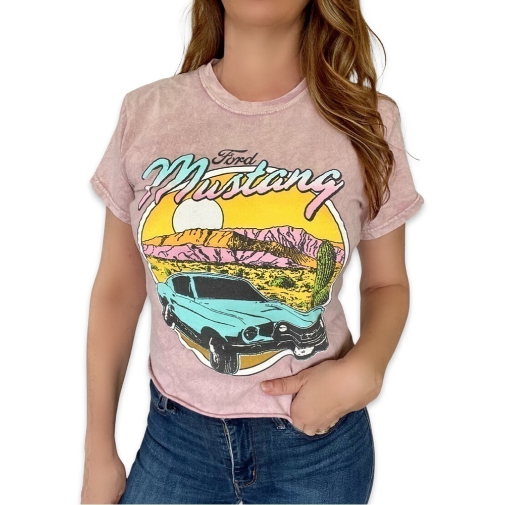 Ford Acid Wash  pink old Mustang graphic tee muscle car crop distressed